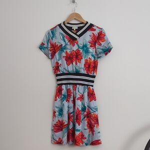 SUNO Red and Black Ribbed Fit and Flare Mini Dress